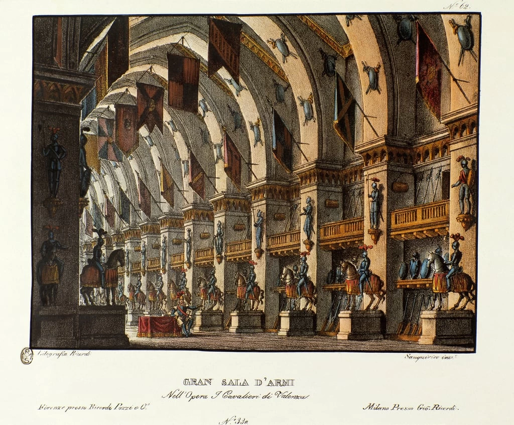 Vista della grande scenografia dell'armeria per la presentazione dell'opera 'I cavalieri di Valenza'